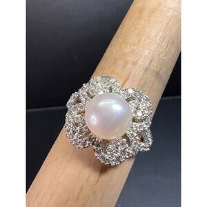 Freshwater pearl and Cz cocktail ring size 9